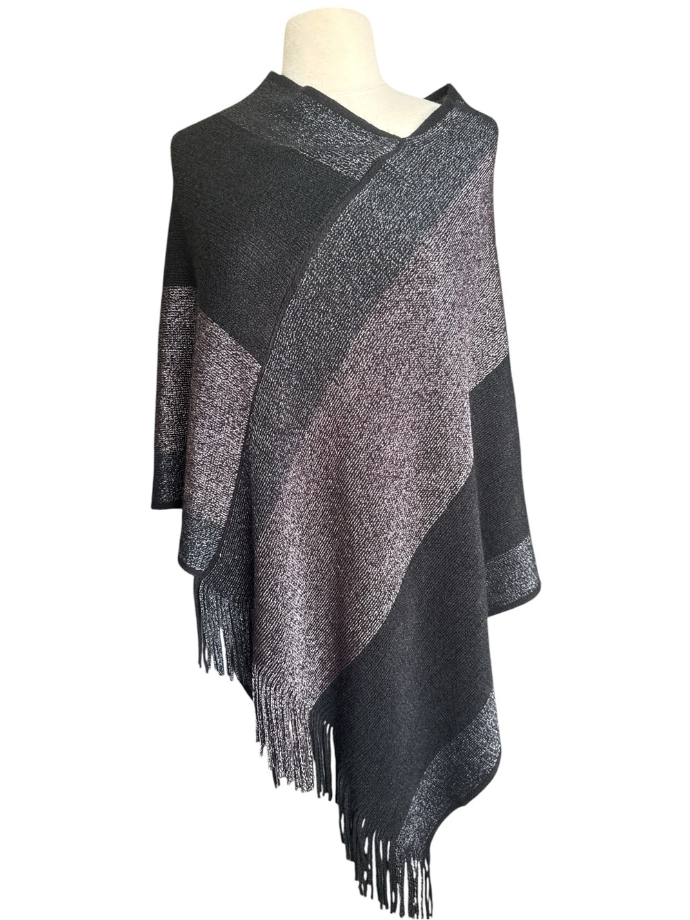 Fringe Hem Colorblock Knit Poncho - Black and Silver